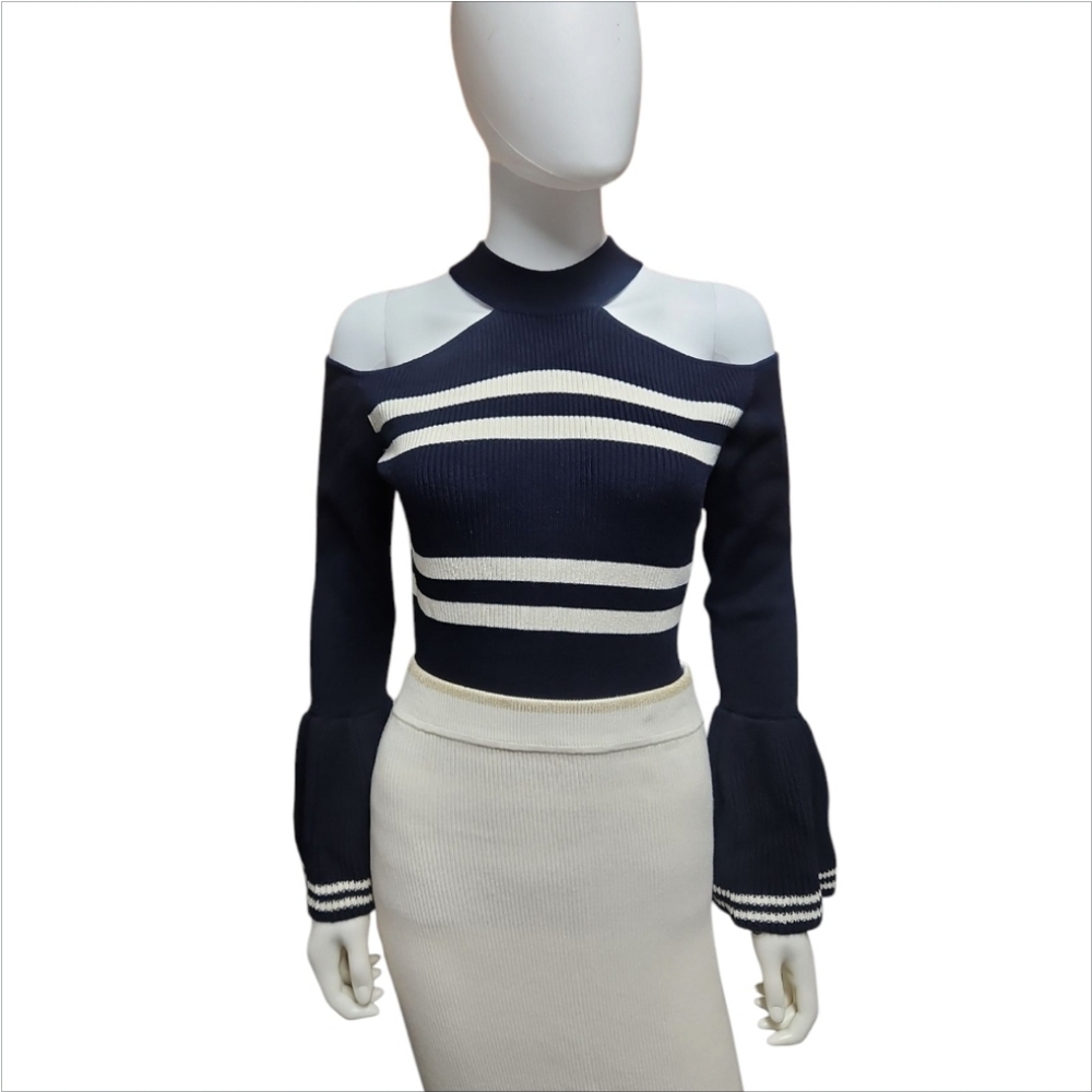 SELF-PORTRAIT | Cold Shoulder Striped Ruffle Sweater in Size Medium - Picture 3 of 9